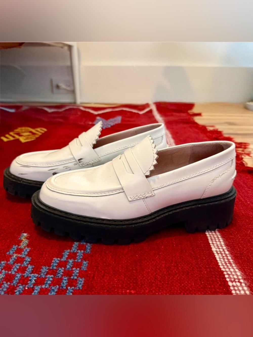 White Leather Lug Sole Penny Loafers
